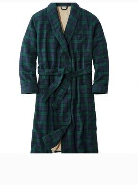 LL Bean Scotch Plaid Flannel Robe S Sherpa Lined Blackwatch Tartan Cotton Blue